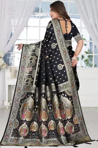 Black Banarasi Satin silk blend Saree with Heavy Zari & Traditional Thread Work | Wedding & Festive Wear