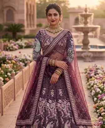 WINE BUTTERFLY NET PARTY WEAR EMBROIDERY LEHNGHA CHOLI