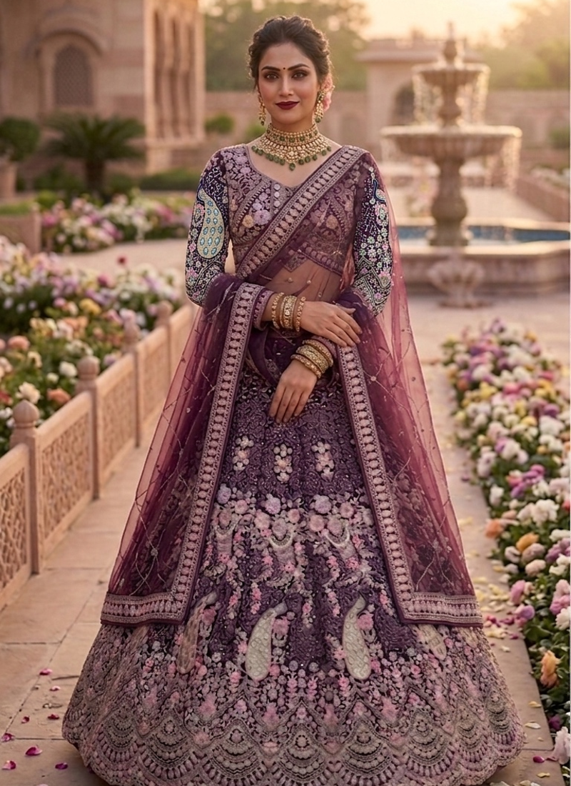 WINE BUTTERFLY NET PARTY WEAR EMBROIDERY LEHNGHA CHOLI