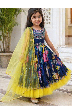 Trendy Chinon Silk Embroidery Sequins Work  Navy Blue Readymade Gown 4