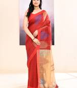 Women's maroon temple border embellished cotton blend jamdani saree