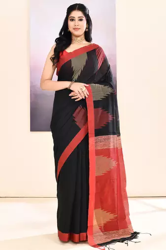 Women's black temple border embellished cotton blend jamdani saree