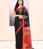Women's black temple border embellished cotton blend jamdani saree