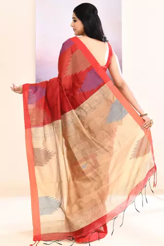 Women's maroon temple border embellished cotton blend jamdani saree
