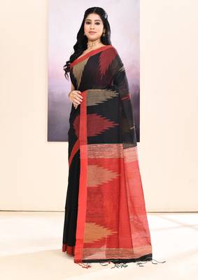 Women's black temple border embellished cotton blend jamdani saree 2