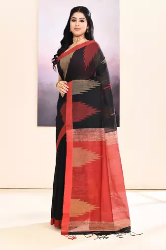 Women's black temple border embellished cotton blend jamdani saree