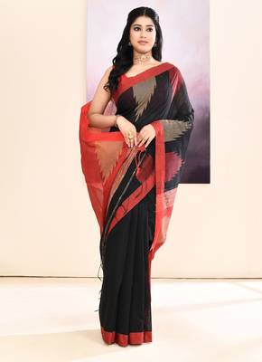 Women's black temple border embellished cotton blend jamdani saree 3
