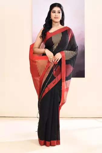 Women's black temple border embellished cotton blend jamdani saree