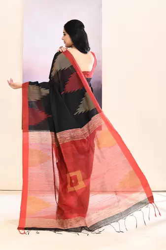 Women's black temple border embellished cotton blend jamdani saree