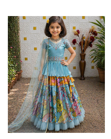 Alluring Heavy Chinon Silk Embroidery And Printed Sky Blue Readymade Lehenga Choli 1