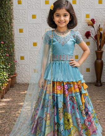 Alluring Heavy Chinon Silk Embroidery And Printed Sky Blue Readymade Lehenga Choli