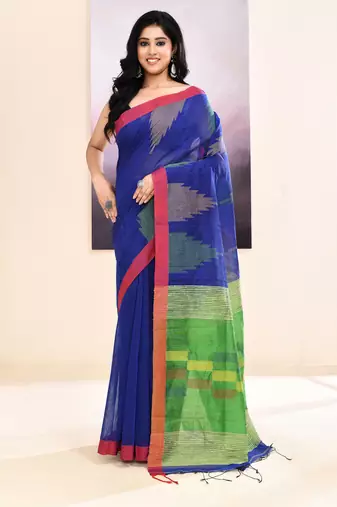 Women's blue temple border embellished cotton blend jamdani saree