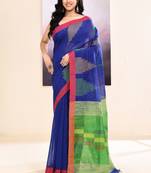 Women's blue temple border embellished cotton blend jamdani saree