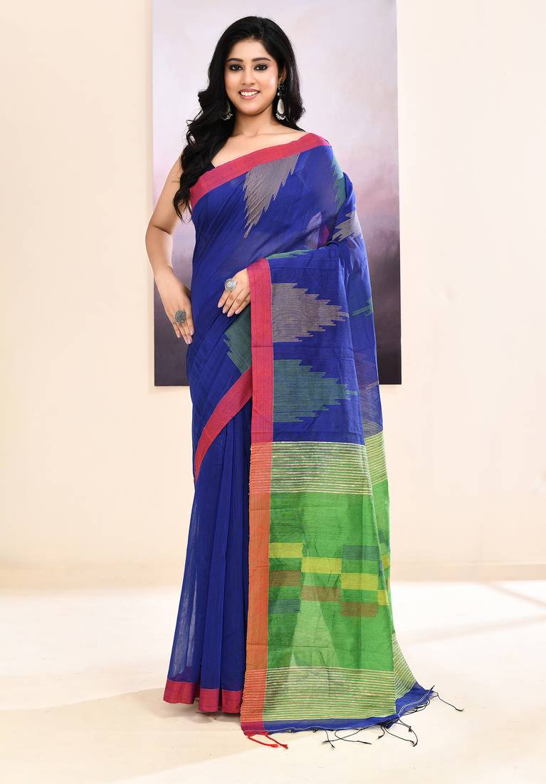 Women's blue temple border embellished cotton blend jamdani saree