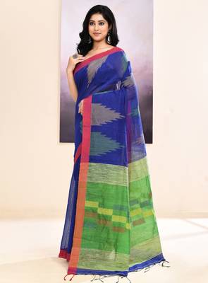 Women's blue temple border embellished cotton blend jamdani saree 2