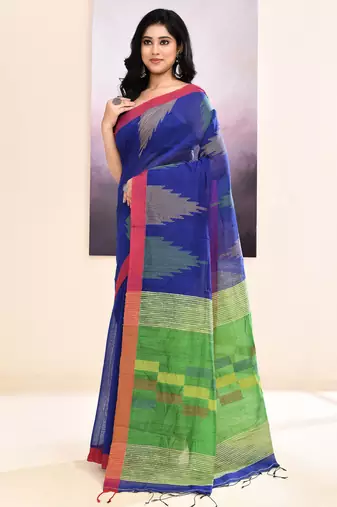Women's blue temple border embellished cotton blend jamdani saree