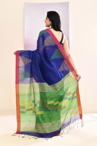 Women's blue temple border embellished cotton blend jamdani saree