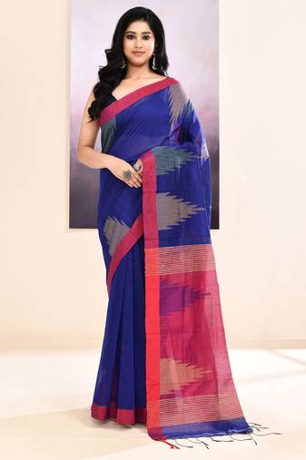 Women's blue temple border embellished cotton blend jamdani saree