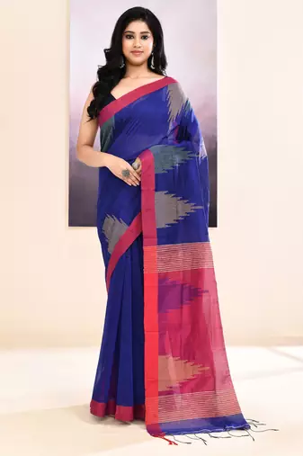 Women's blue temple border embellished cotton blend jamdani saree