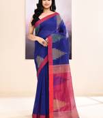 Women's blue temple border embellished cotton blend jamdani saree