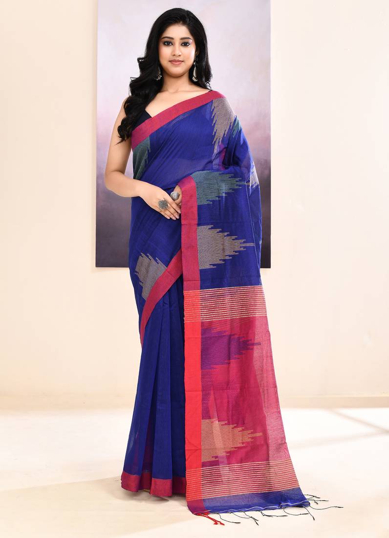 Women's blue temple border embellished cotton blend jamdani saree