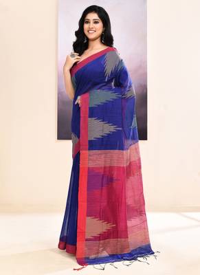 Women's blue temple border embellished cotton blend jamdani saree 2