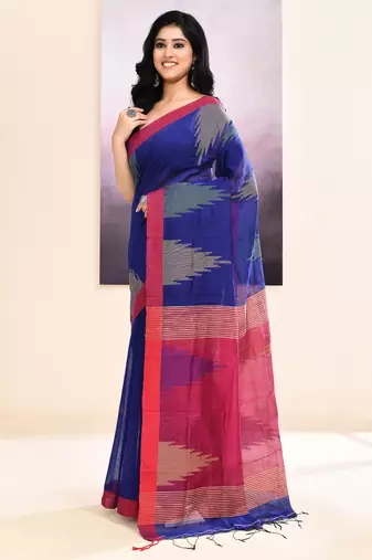 Women's blue temple border embellished cotton blend jamdani saree