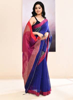 Women's blue temple border embellished cotton blend jamdani saree 3