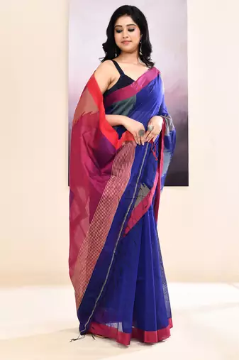 Women's blue temple border embellished cotton blend jamdani saree