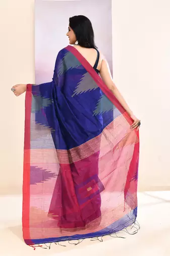 Women's blue temple border embellished cotton blend jamdani saree
