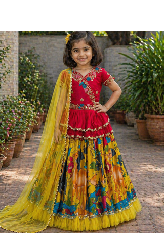 Trendy Georgette Kediya Style Embroidery And Digital Printed Yellow Readymade Lehenga Choli 6