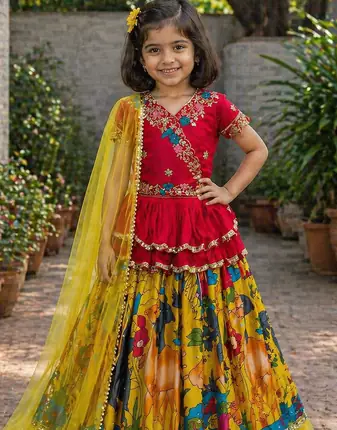 Trendy Georgette Kediya Style Embroidery And Digital Printed Yellow Readymade Lehenga Choli