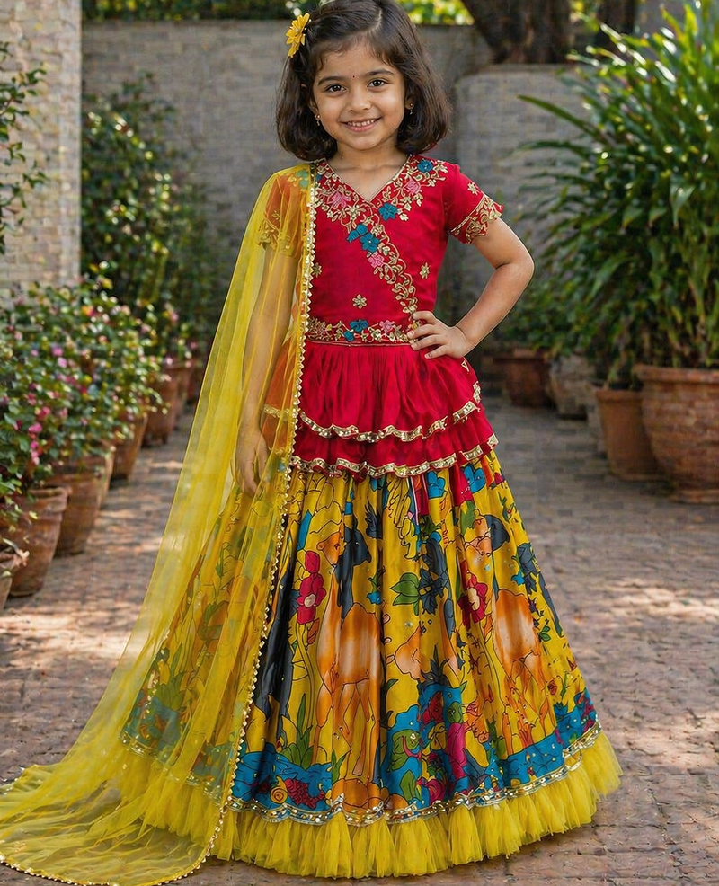 Trendy Georgette Kediya Style Embroidery And Digital Printed Yellow Readymade Lehenga Choli