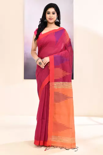 Women's rani temple border embellished cotton blend jamdani saree
