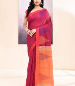 Women's rani temple border embellished cotton blend jamdani saree