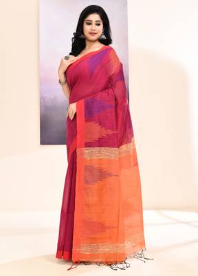 Women's rani temple border embellished cotton blend jamdani saree 2