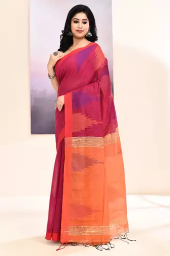 Women's rani temple border embellished cotton blend jamdani saree