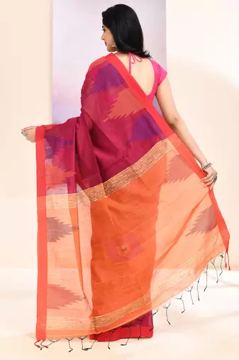Women's rani temple border embellished cotton blend jamdani saree