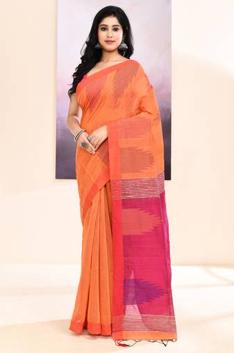 Women's orange temple border embellished cotton blend jamdani saree