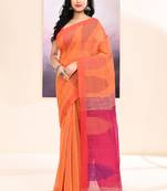 Women's orange temple border embellished cotton blend jamdani saree