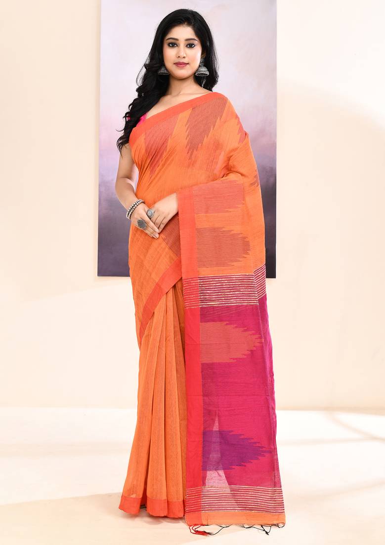 Women's orange temple border embellished cotton blend jamdani saree