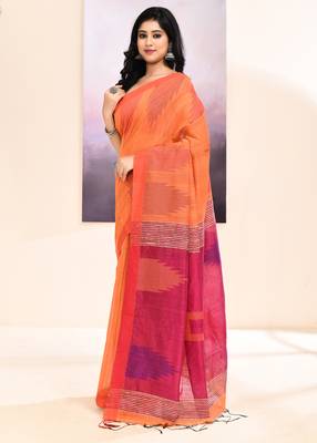 Women's orange temple border embellished cotton blend jamdani saree 2
