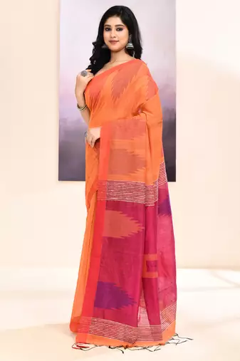 Women's orange temple border embellished cotton blend jamdani saree