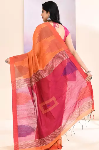 Women's orange temple border embellished cotton blend jamdani saree
