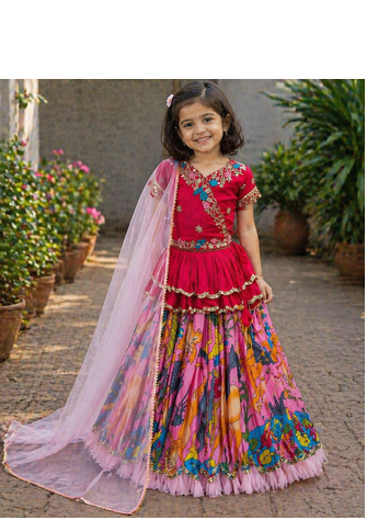 Trendy Georgette Kediya Style Embroidery And Digital Printed Pink Readymade Lehenga Choli 6