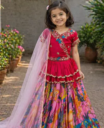 Trendy Georgette Kediya Style Embroidery And Digital Printed Pink Readymade Lehenga Choli