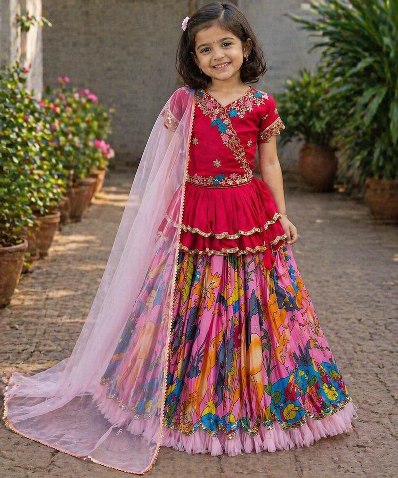 Trendy Georgette Kediya Style Embroidery And Digital Printed Pink Readymade Lehenga Choli