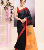 Women's black temple border embellished cotton blend jamdani saree