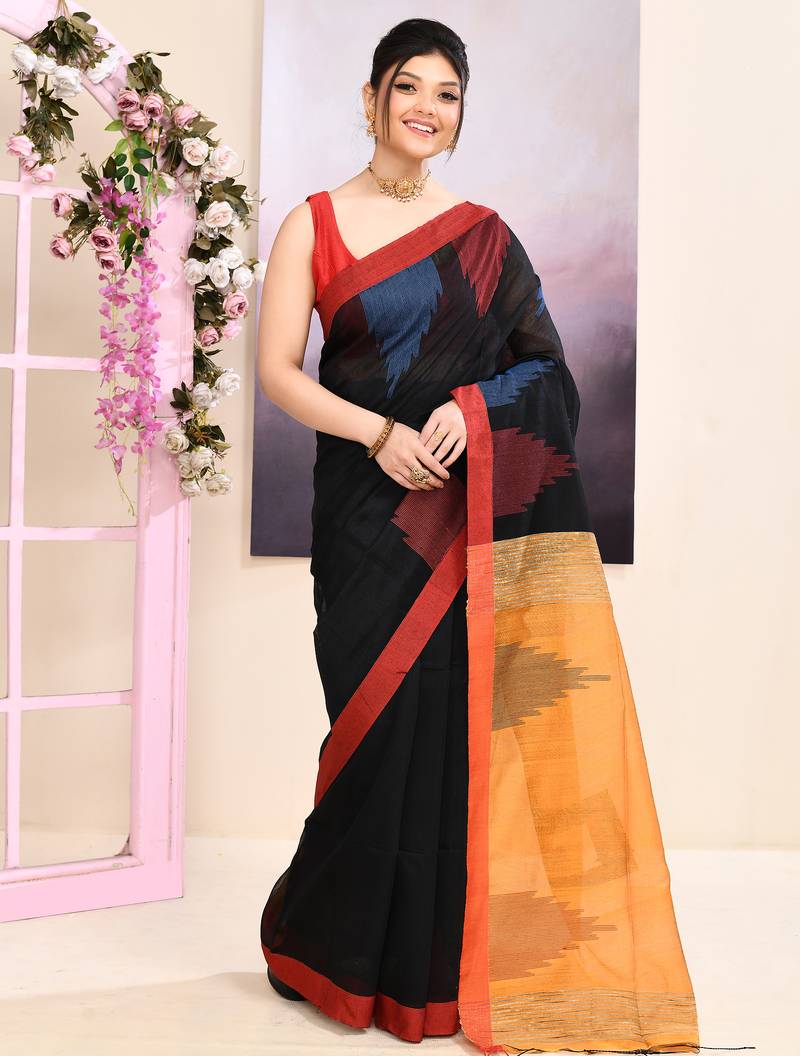 Women's black temple border embellished cotton blend jamdani saree