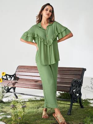 Olive green ruffle top and pants co-ord set 1